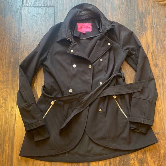 Betsey Johnson Double Breasted Belted Rain Jacket trench coat fleece lined EUC - Picture 1 of 11